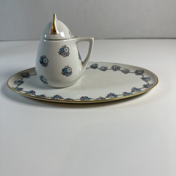 Vintage MZ Austria Dish & Creamer Set With Purple and Blue Hand Painted Flowers - Picture 2 of 10